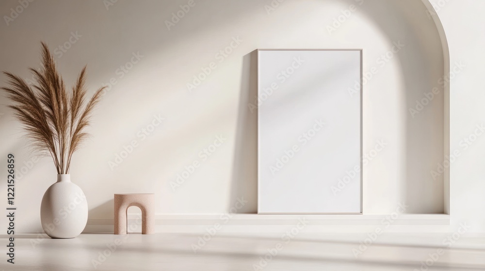 Poster Showcasing a sleek interior mockup this design features an empty frame on a wall alongside minimalistic decor. Soft colors and clean lines create an inviting atmosphere