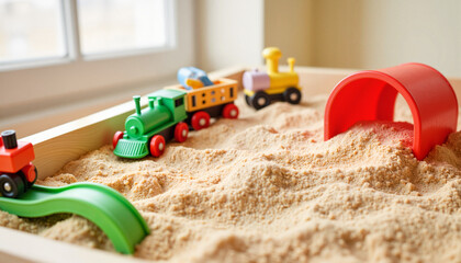 Colorful toy trains navigating sandy play area, creative therapy concept