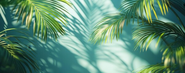 Lush Green Palm Leaves Casting Intricate Shadows on a Vibrant Blue Wall in Warm Sunlight During Midday