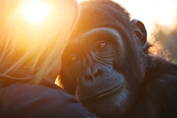 A person holding a gorilla in a close-up shot, suitable for use in wildlife or conservation contexts