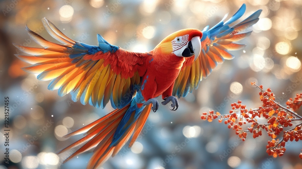 Poster a colorful bird in flight over a tree branch