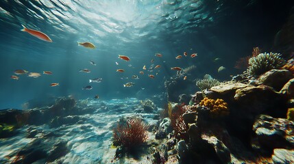 Fototapeta premium Underwater wallpaper image with sunlight beaming through clear ocean water