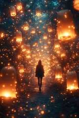 Obraz premium A person walks through a field of lit lanterns, creating a warm and cozy atmosphere
