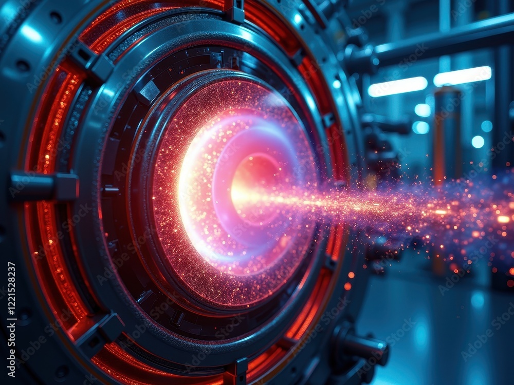 Poster exploring nuclear fusion processes within a tokamak reactor revealing high-energy plasma dynamics an