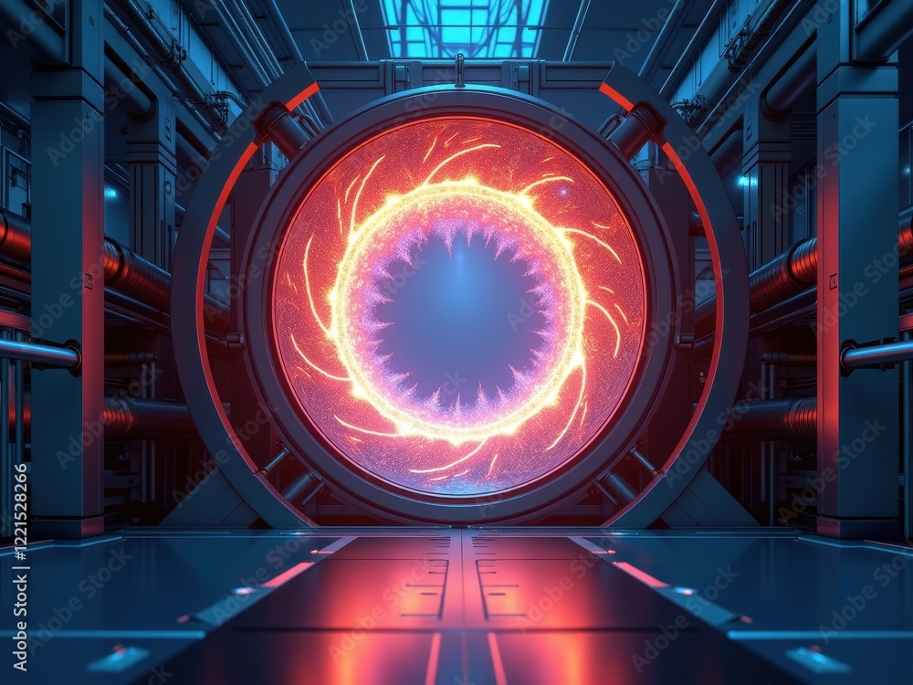 Poster nuclear fusion processes generating energy within a tokamak reactor design featuring advanced plasma