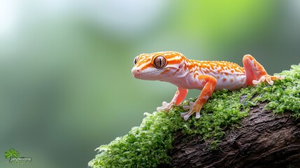 Fototapeta premium A vibrant orange and white gecko perched on a moss-covered log, showcasing its intricate patterns and lively expression