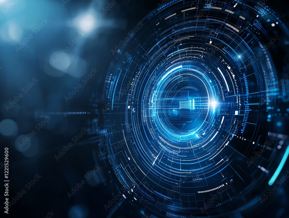 Poster futuristic abstract technology background showcasing vibrant blue circular patterns and glowing elem