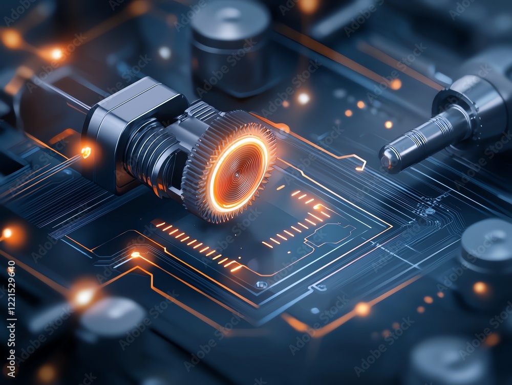 Poster close-up view of a modern electronic circuit board showcasing intricate details, glowing elements, a