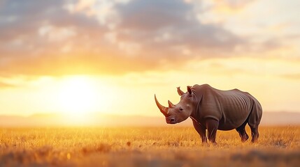 Fototapeta premium A majestic rhinoceros stands proudly in the golden glow of a sunset, showcasing its powerful presence in the serene savanna landscape, symbolizing wildlife's grandeur and beauty.