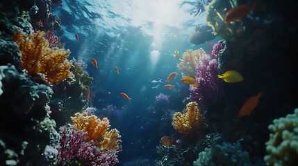 Fototapeta premium Vibrant coral reef painting underwater tropical colorful marine life vivid sunlight
