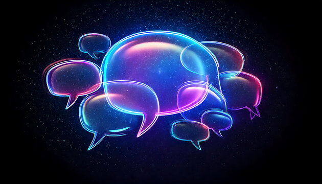 Stunning abstract image of glowing neon speech bubbles, perfect for social media, communication, and technology concepts.  Vibrant colors and a dark background create a modern, eye-catching visual.