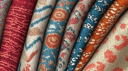 Rolled colorful patterned textile fabrics display