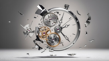 Intricate mechanical watch components explode in a dynamic display of design and precision on a gray background