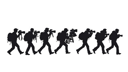 Obraz premium A simple white background frames a group of journalists' silhouettes standing together, representing media integrity and teamwork.