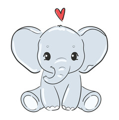 Hand Drawn cute elephant and red heart vector illustration