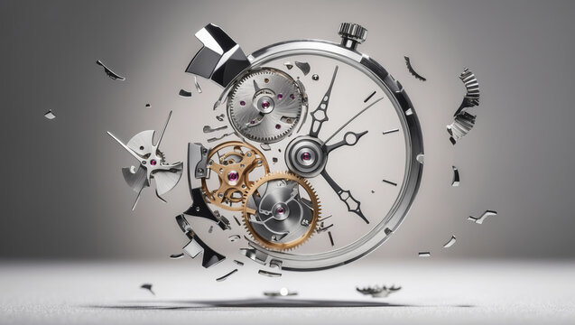 Intricate mechanical watch components explode in a dynamic display of design and precision on a gray background