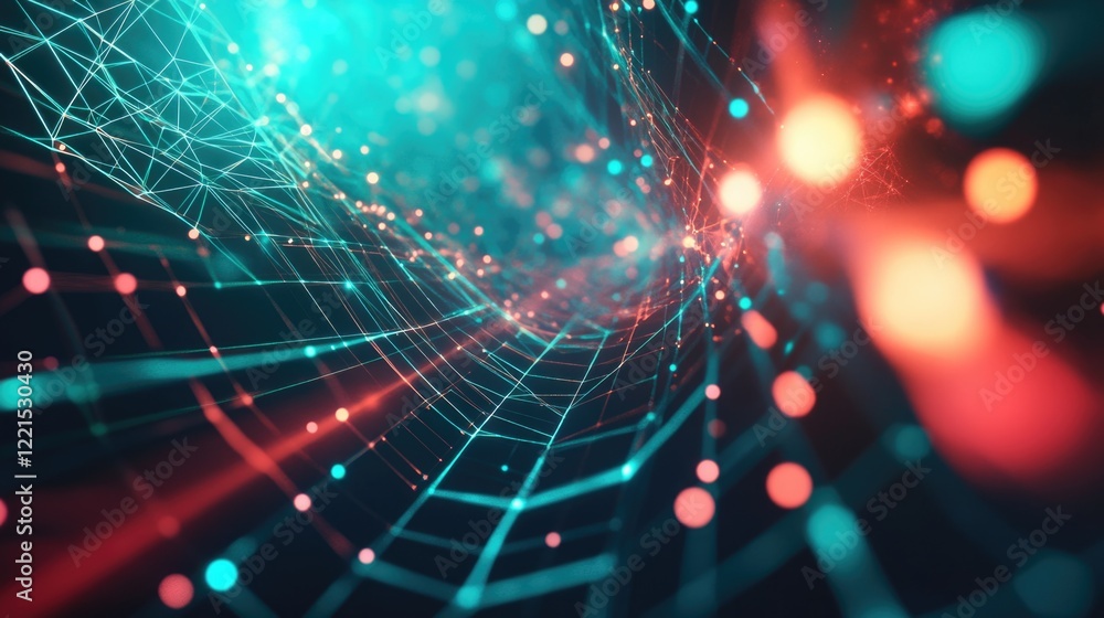 Poster abstract design with blue and red colors, featuring lines and dots
