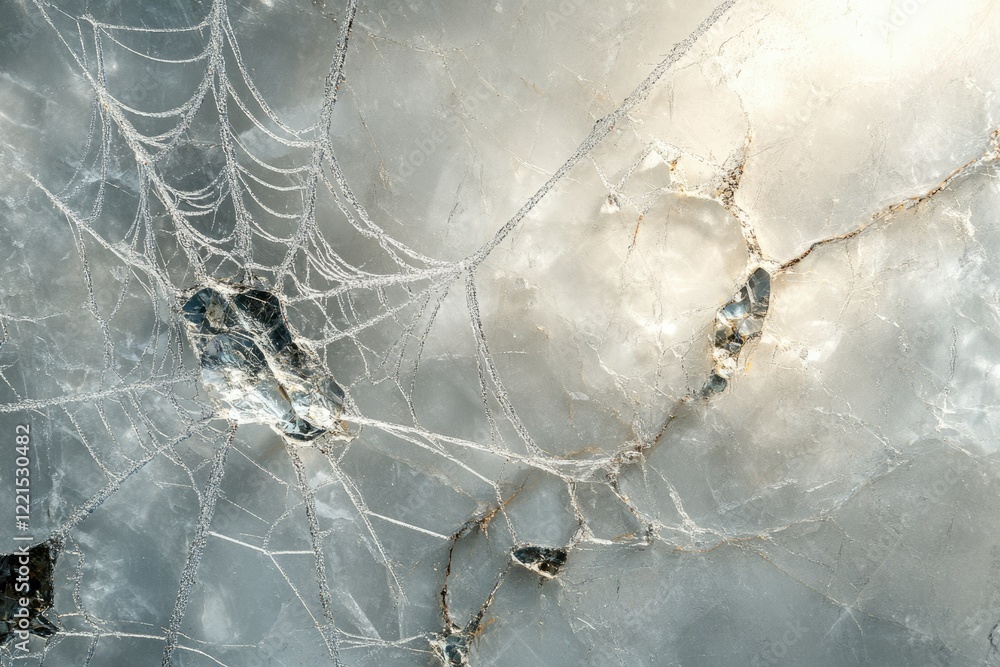 Poster intricate web-like pattern on a grey, fractured stone surface, possibly marble or quartz, showing na