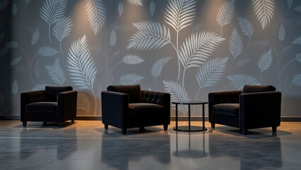 Three black armchairs flank a low table against a wall with a large leaf pattern.