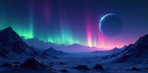Glowing Martian night sky with stars and aurora, Dark, Colorful, Galaxy