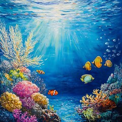 Naklejka premium Vibrant coral reef painting vivid underwater tropical marine life colorful sunlight