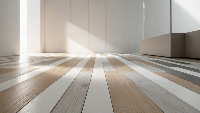 Modern interior with elegant wooden flooring in a bright, minimalist space showcasing natural light and sleek design features
