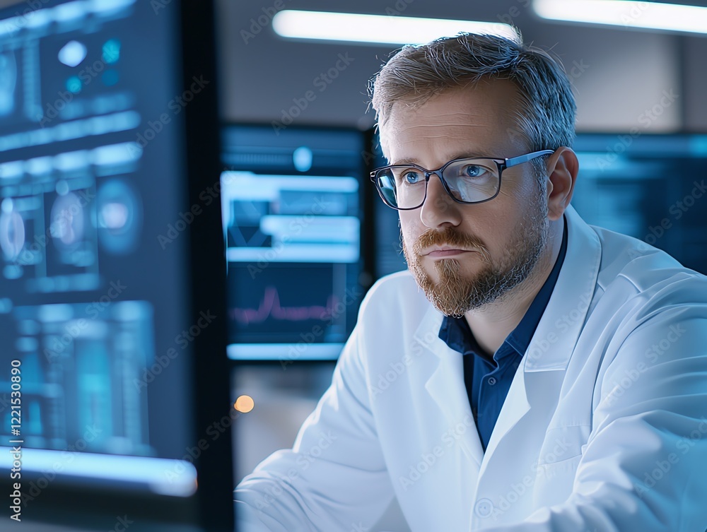 Poster a focused scientist in a lab coat analyzes data on multiple screens, highlighting the intersection o