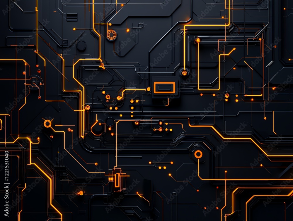 Poster a close-up view of an abstract circuit board design illuminated by orange light, highlighting intric