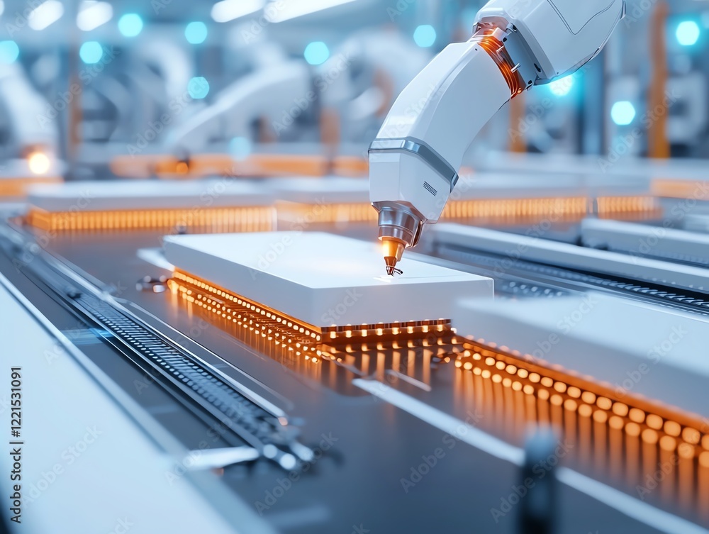 Poster a close-up view of a robotic arm in a modern manufacturing environment, showcasing advanced technolo
