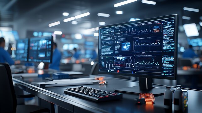 A modern workspace featuring multiple screens displaying data analytics and graphs. The environment reflects a high-tech atmosphere with a focus on productivity and innovation.