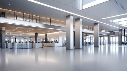 An open-plan modern office space featuring sleek design, abundant natural light, and collaborative zones. Ideal for depicting productivity and contemporary work environments.