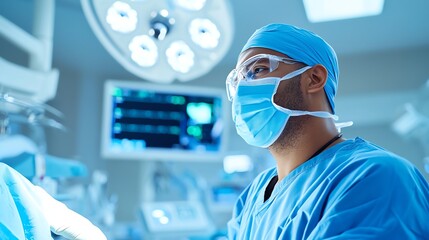 A focused surgeon in scrubs and mask prepares for a surgical procedure in a modern operating room, highlighting precision and dedication to patient care.