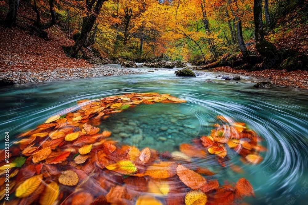 Poster autumn leaves swirl in a crystal-clear stream, creating a mesmerizing autumnal scene in a forest.