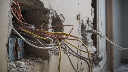 Electrical wiring exposed in a damaged wall during home renovation process in a residential apartment