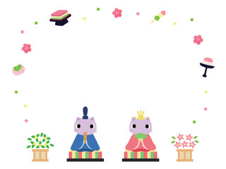 Naklejka premium 可愛いひなまつりのフレーム ネコのひな人形