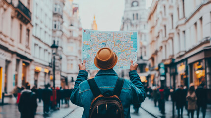 Urban Exploration: A Traveler Consults a City Map in a Bustling Street
