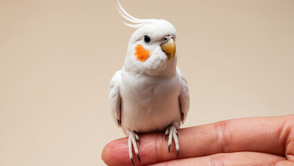 Cute white cockatiel perched on a hand highlighting its vibrant features in a soft indoor setting