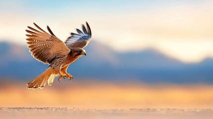 Obraz premium A majestic hawk glides through the air with grace, showcasing its powerful wings and keen eyes. The backdrop features a soft, blurred landscape in warm tones, symbolizing freedom.