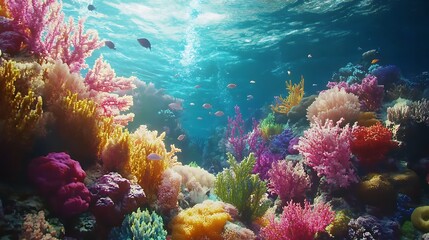 Fototapeta premium Vivid coral reef painting tropical underwater marine life colorful vibrant sunlight