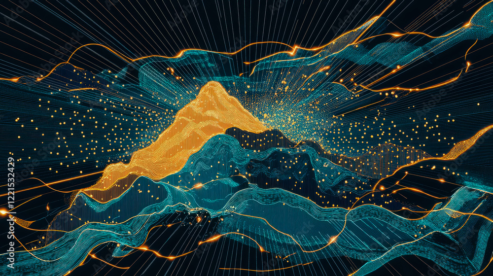 Poster abstract teal and gold landscape: a digital art piece showcasing swirling lines and glowing particle