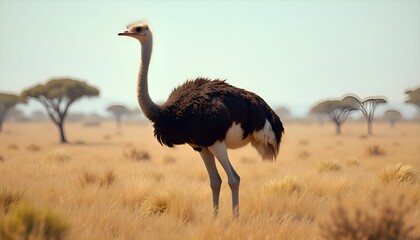 Naklejka premium Majestic Ostrich Standing in Natural Savanna Grassland Setting