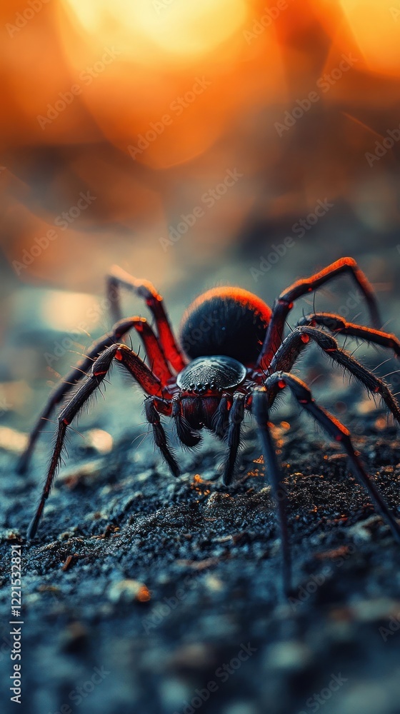 Wall mural intense macro close up shot of a large ominous red and black spider lurking amid the shadows and und