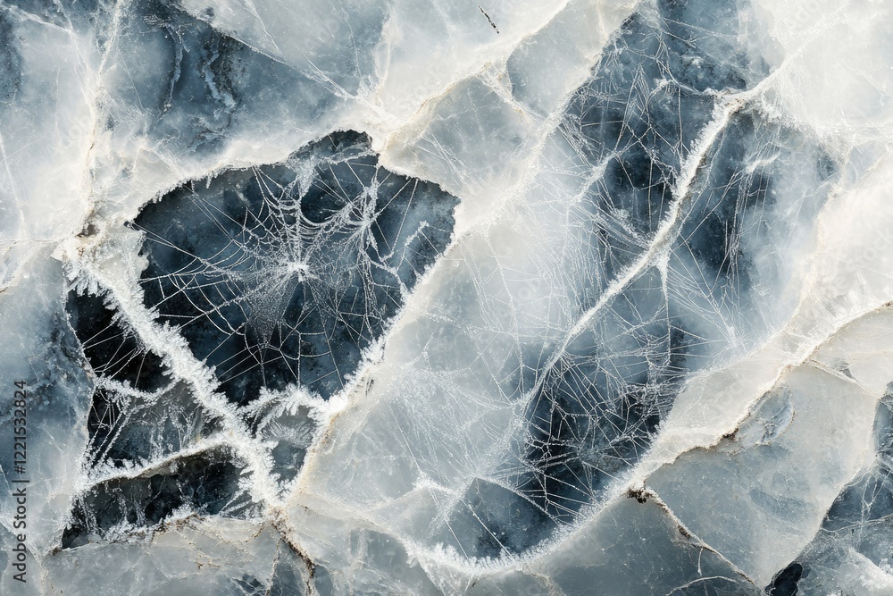 Poster intricate web-like cracks spread across a translucent icy surface, creating a stunning natural patte