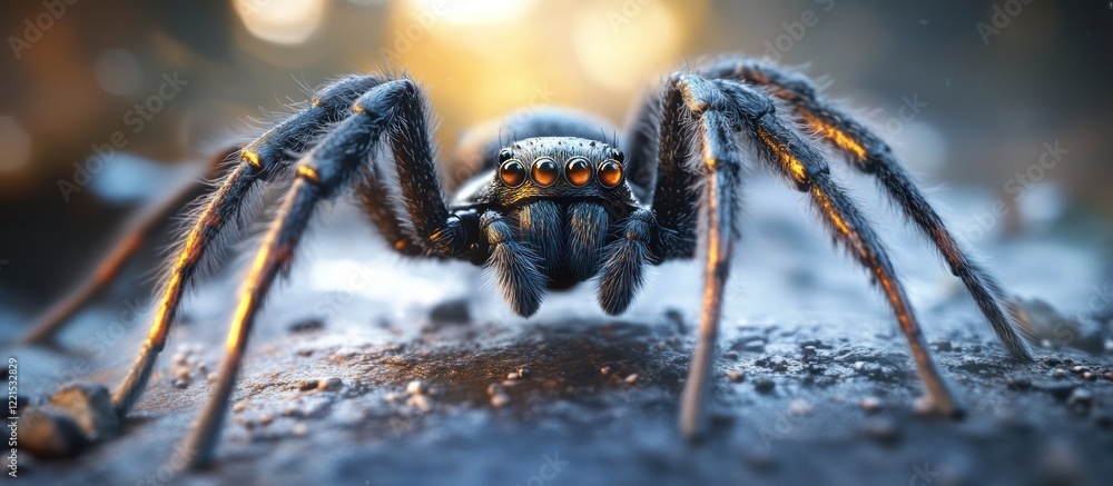 Wall mural a large dark and hairy spider lurking on a rough surface with dramatic lighting creating a menacing 