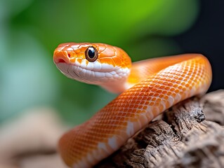 Fototapeta premium Close-up of a vibrant orange snake resting on a textured surface, showcasing intricate scales and an inquisitive expression against a softly blurred green background.