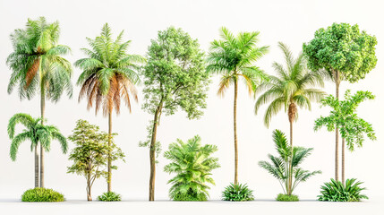 Obraz premium set of jungle rainforest tree shapes cutout, detailed tropical foliage, realistic greenery, nature-inspired design, vibrant trees, and lush vegetation