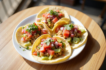 Colorful tacos with fresh toppings on wooden table