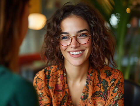 Smiling young woman with curly hair and glasses engaging in a joyful conversation in a cozy cafe