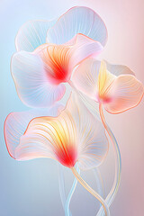 A stunning arrangement of flowers showcases vibrant hues, each petal elegantly flowing into one another, creating a mesmerizing visual against a soft pastel backdrop, evoking serenity