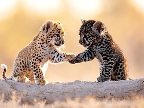 Two adorable leopard cubs playfully interact in a warm, natural setting, showcasing their playful nature and the beauty of wildlife